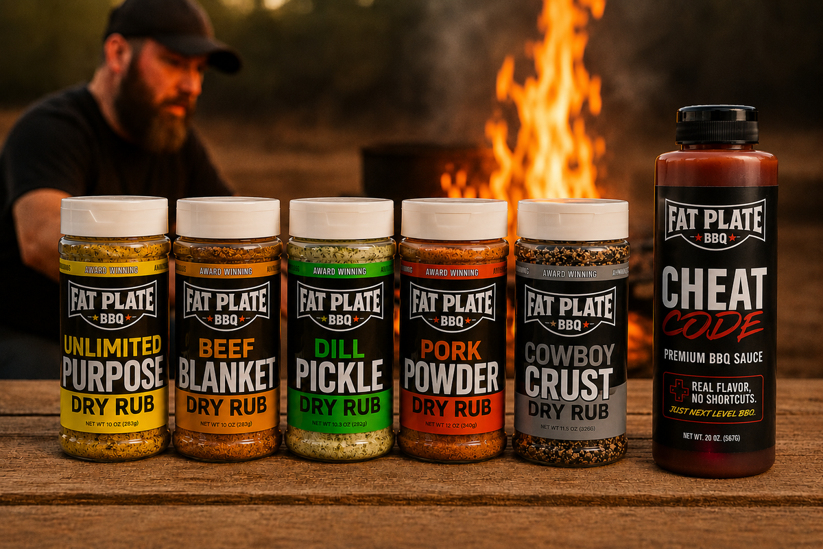 The Fat Plate BBQ lineup: Beef Blanket, Pork Powder, Unlimited Purpose, Dill Pickle and Cowboy Crust rubs with Cheat Code BBQ sauce