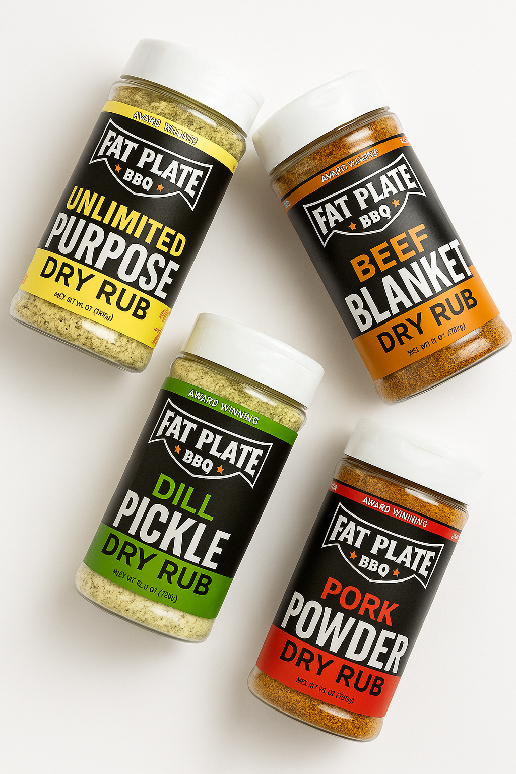 Fat Plate BBQ Core Four Bundle: Beef Blanket, Pork Powder, Unlimited Purpose and Dill Pickle rubs